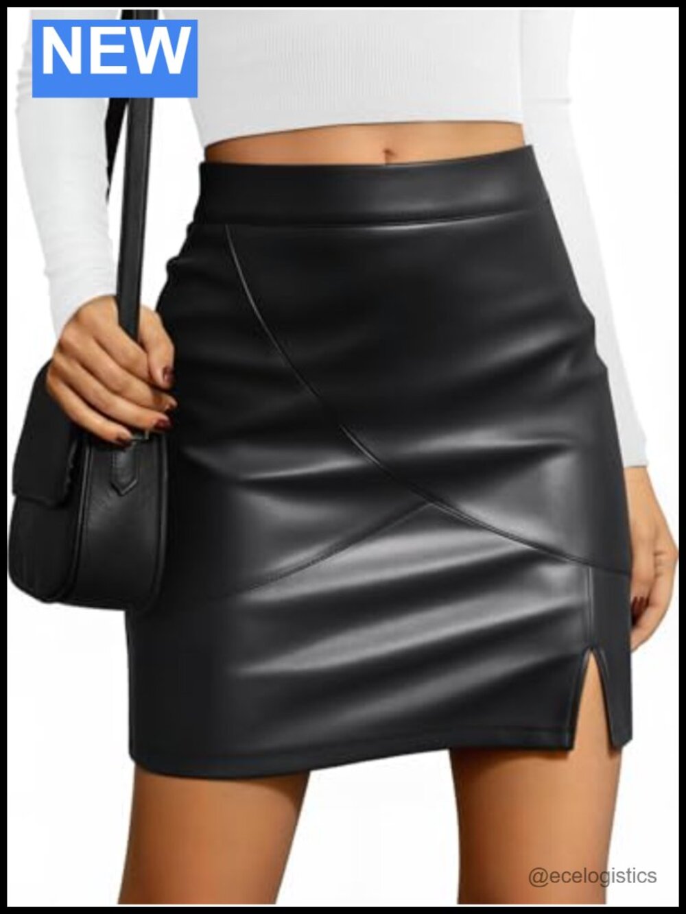 Faux Leather Pencil Skirt Women Fall Slit Front A-Line Mini
